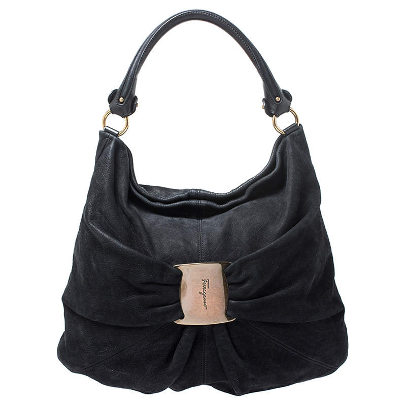 Pre Owned Salvatore Ferragamo Black Nubuck and Leather Hobo 