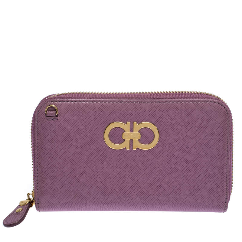 Pre Owned Salvatore Ferragamo Pink Leather Double Gancio Zip-Around Wallet on Chain 