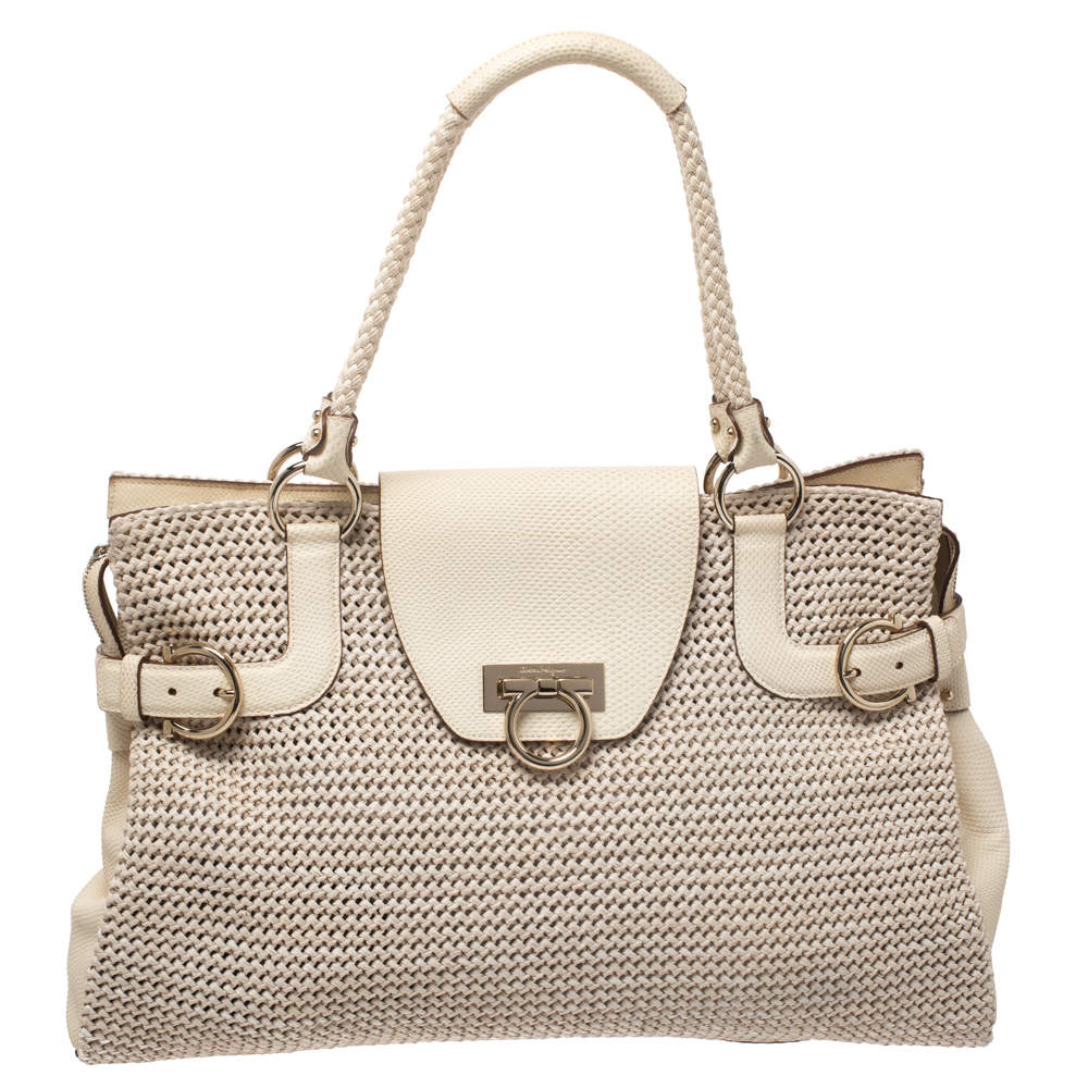 Pre Owned Salvatore Ferragamo Cream Woven Straw and Lizard Embossed Leather Satchel