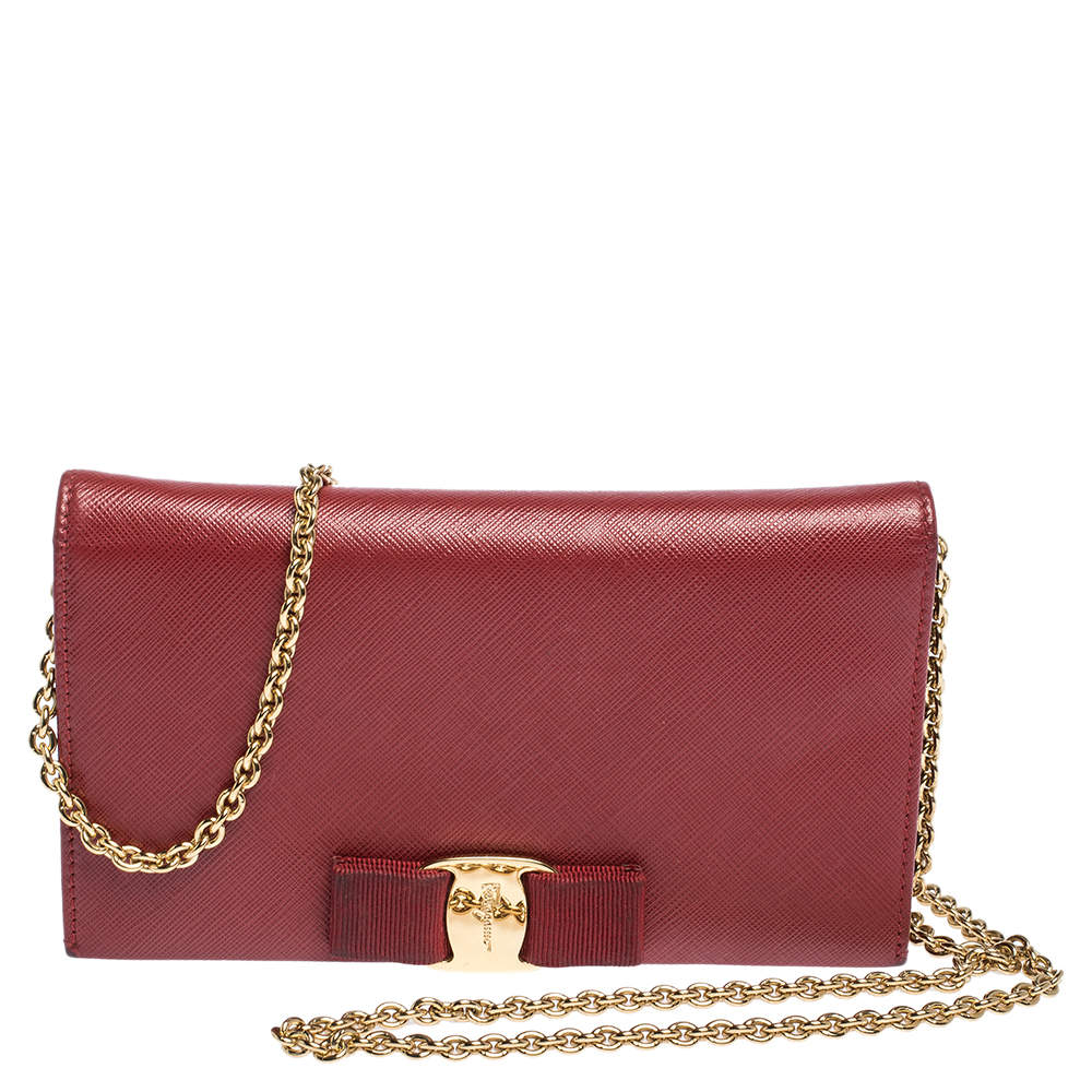 Salvatore Ferragamo Red Leather Vara Bow Wallet on Chain