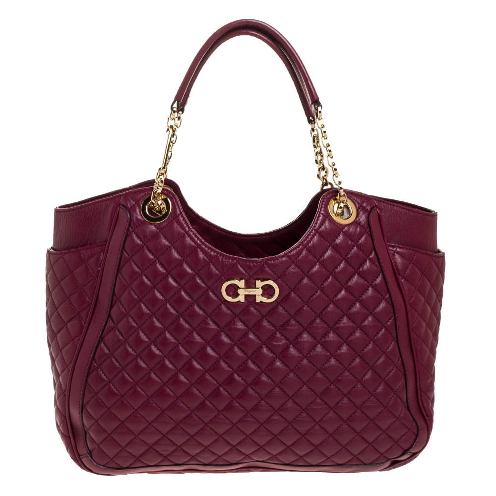 Pre Owned Salvatore Ferragamo Burgundy Leather Betulla Chain Tote 