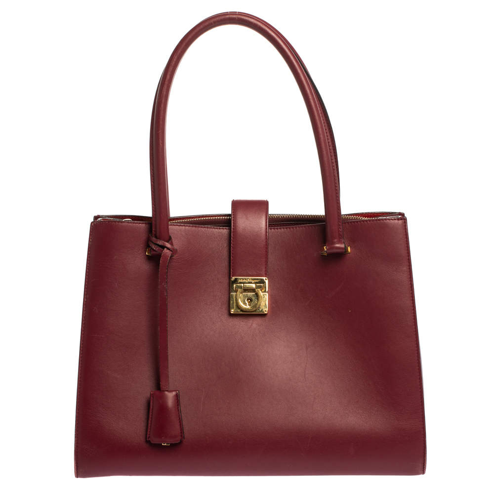 Pre Owned Salvatore Ferragamo Burgundy Leather Marlene Tote