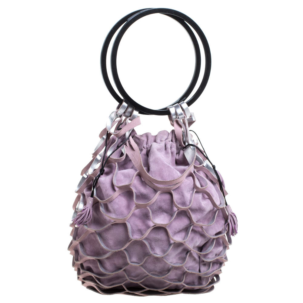 Pre Owned حقيبة سالفاتوري فيراغامو يد حلقة سويدي وجلد قفصي بنفسجي فاتح لافندر