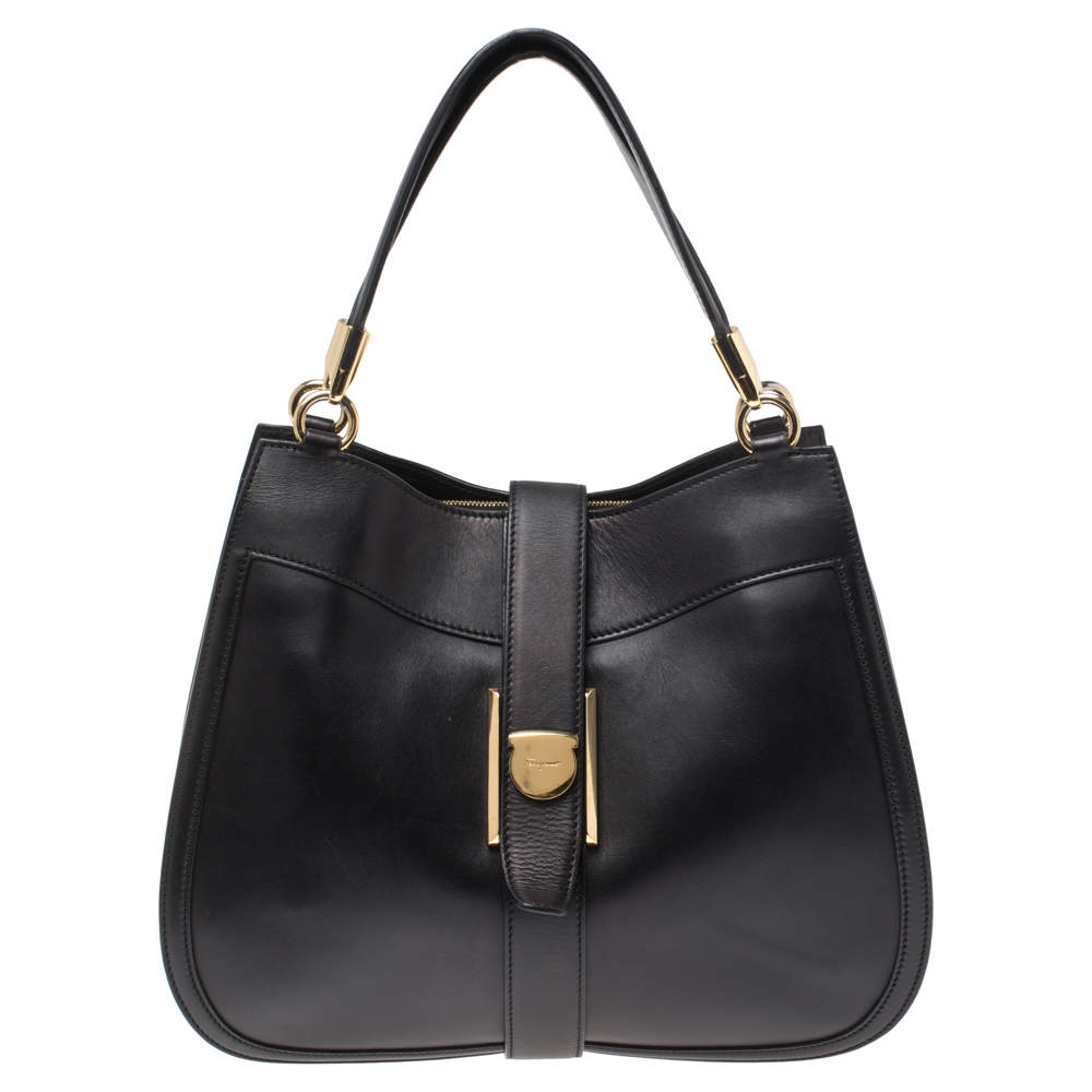 Pre Owned Salvatore Ferragamo Black Leather Hobo