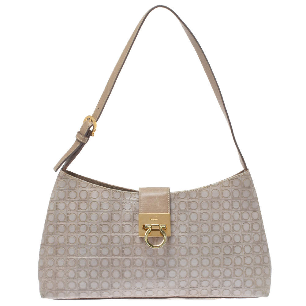 Salvatore Ferragamo Beige/Grey Gancini Embossed Leather Gancio Flap ...