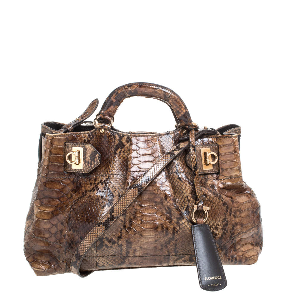 Pre Owned Salvatore Ferragamo Khaki Green Python Gancini Satchel