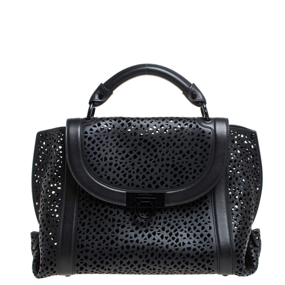 Pre Owned Salvatore Ferragamo Black Laser Cut  Leather Sofia Top Handle Bag