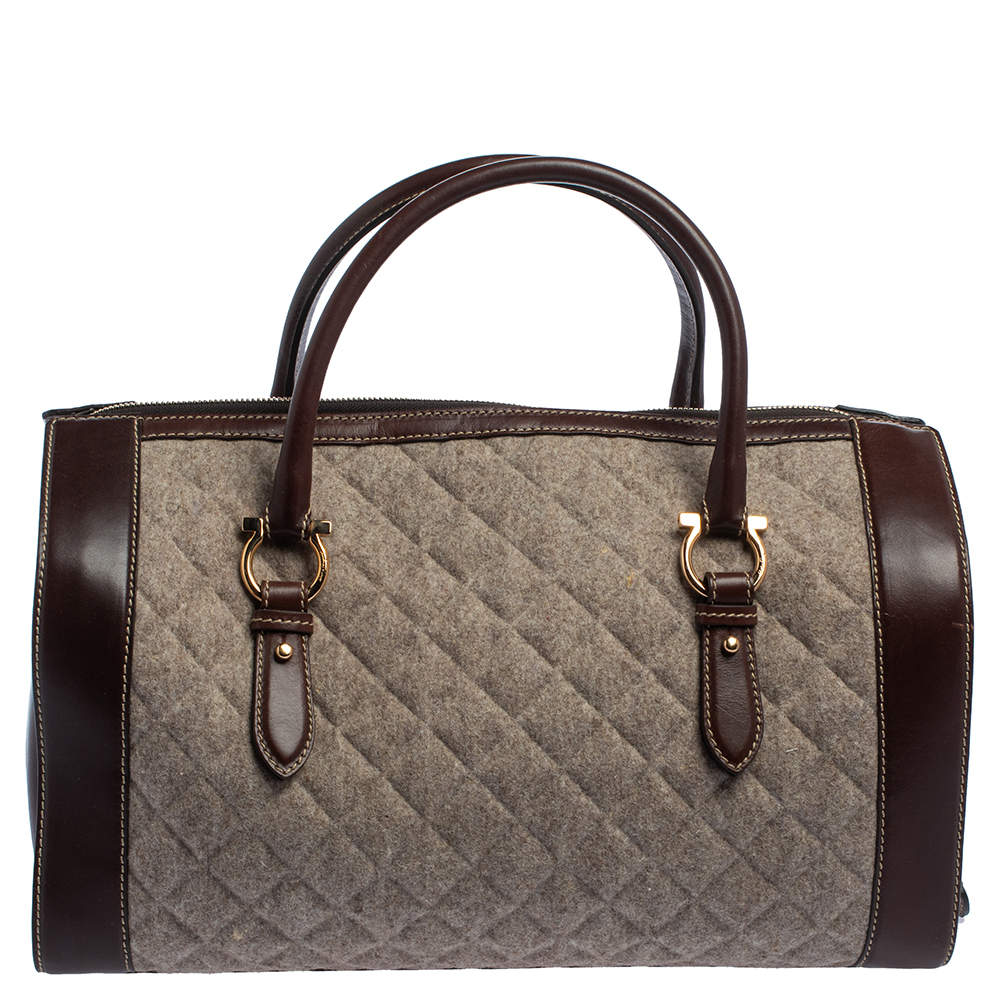 Salvatore Ferragamo Brown/Grey Quilted Wool and Leather Boston Duffle Bag