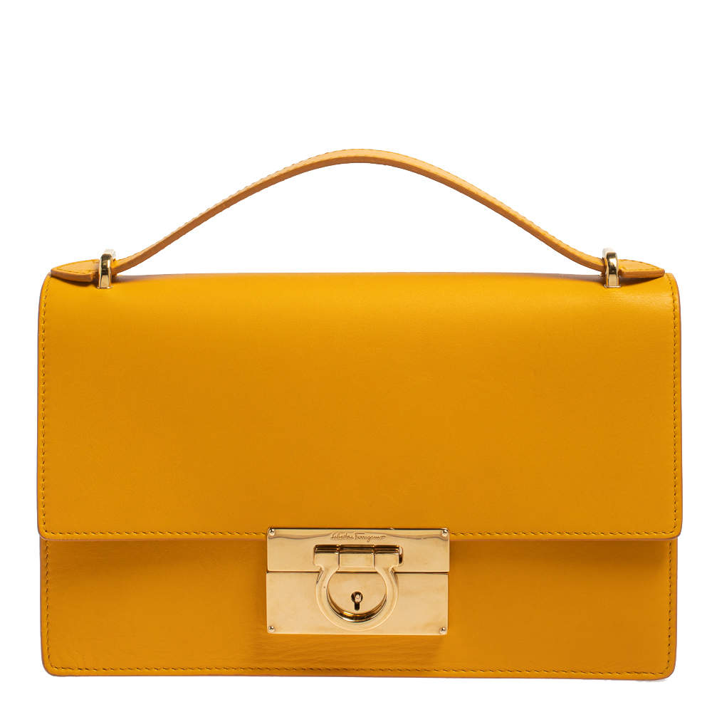 Pre Owned Salvatore Ferragamo Yellow Leather Gancini Clutch