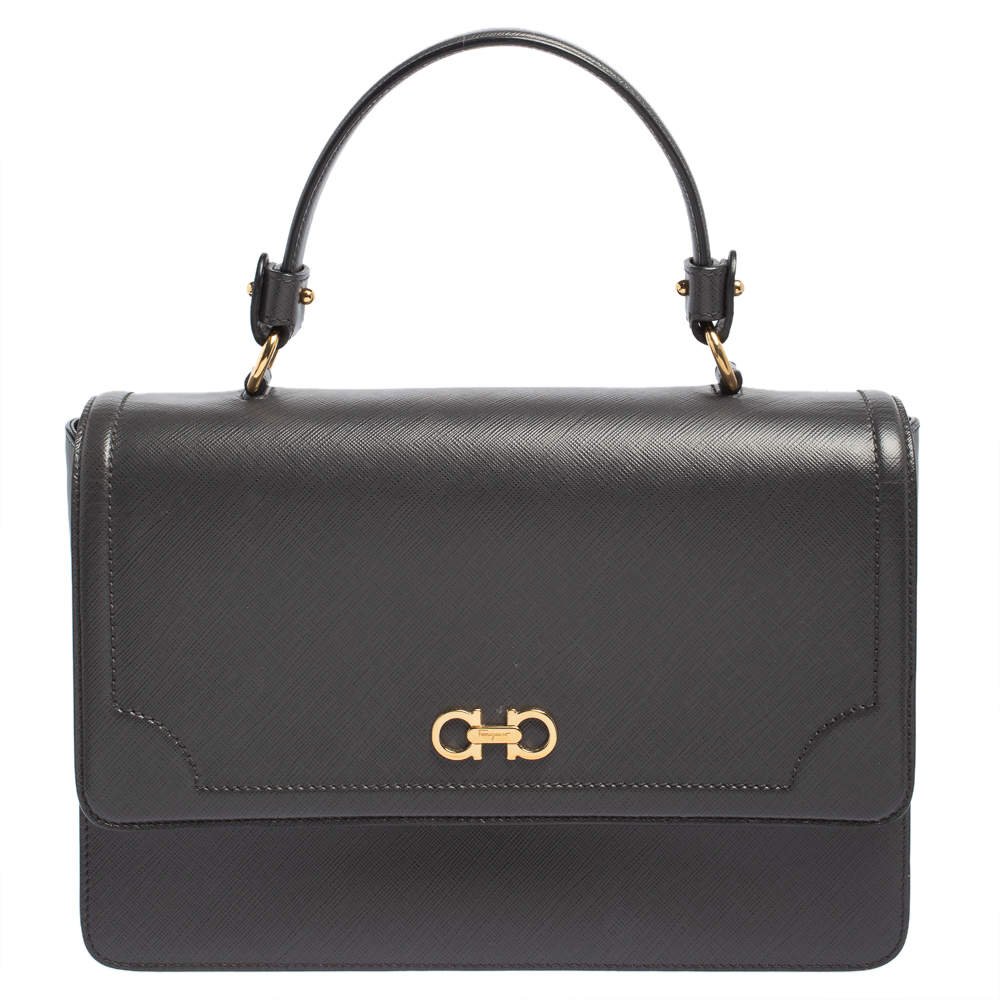 Pre Owned Salvatore Ferragamo Dark Grey Leather Gancini Top Handle Bag 