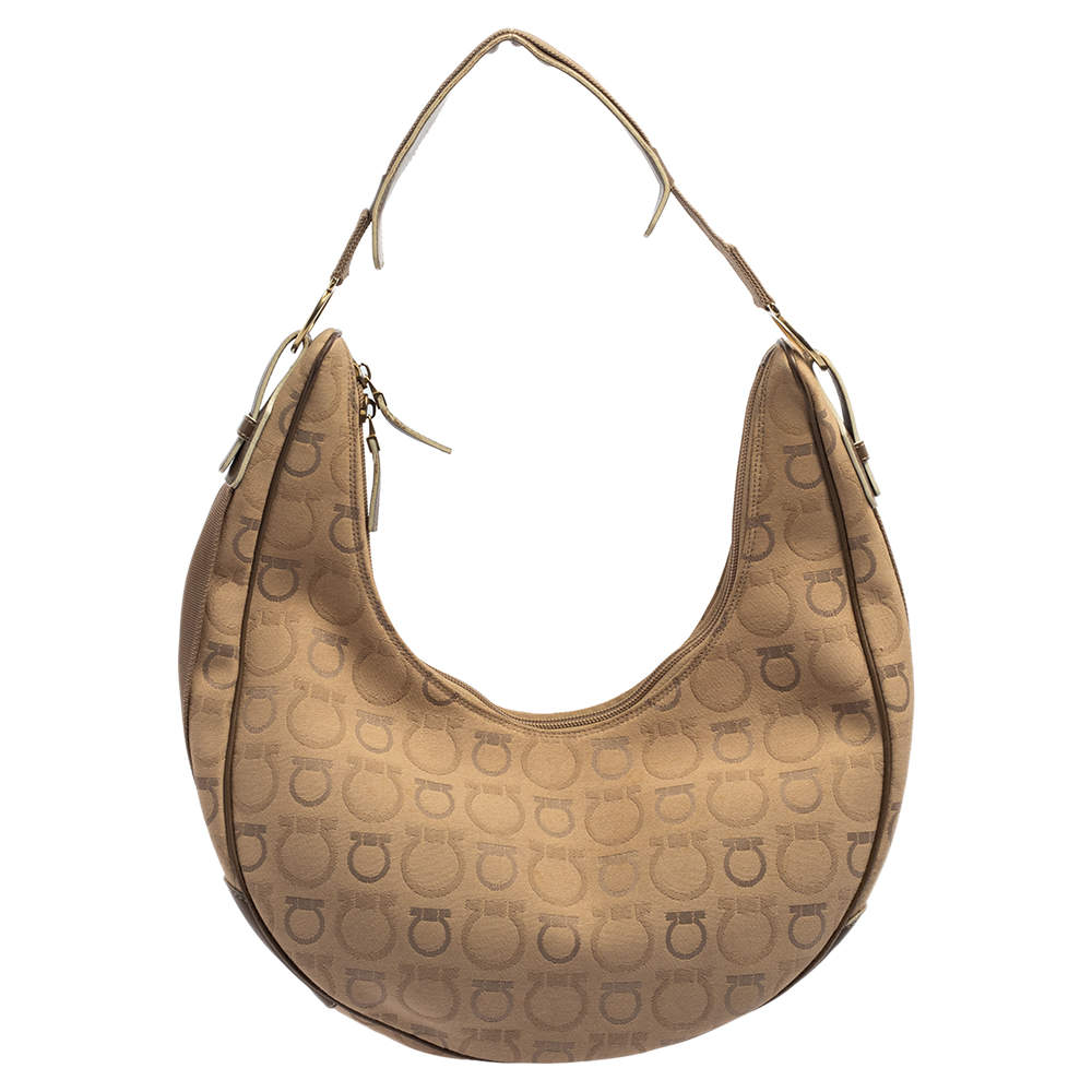 Pre Owned Salvatore Ferragamo Beige Signature Canvas and Leather Hobo