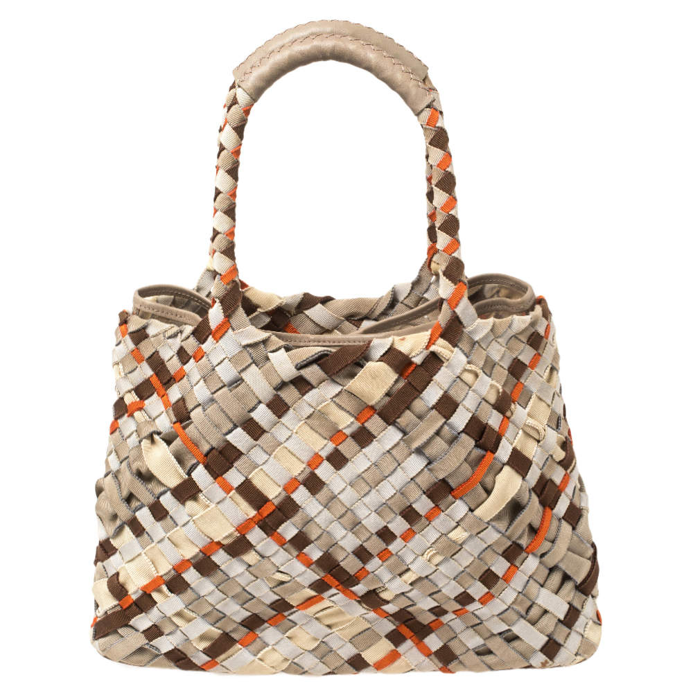 Pre Owned Salvatore Ferragamo Multicolor Woven Fabric and Leather Grosgrain Ribbon Tote