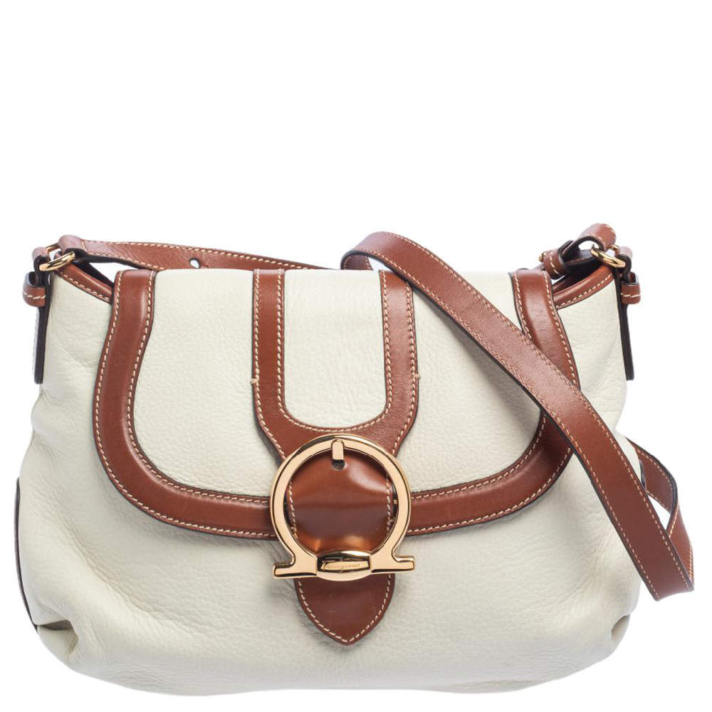 Salvatore Ferragamo White/Brown Leather Gancio Flap Shoulder Bag