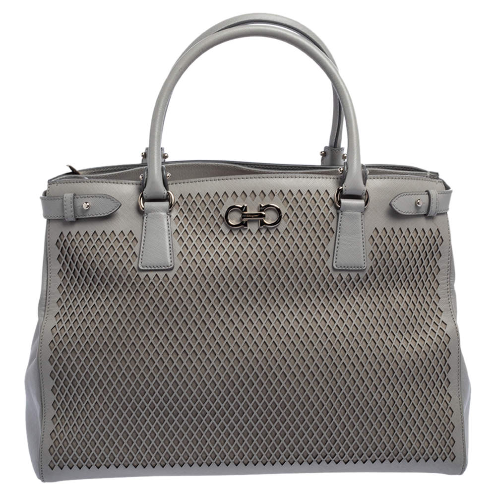 مملوكة مسبقًا Salvatore Ferragamo Grey Laser Cut Leather Tote