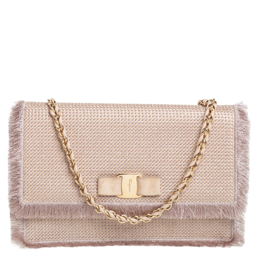 مملوكة مسبقًا Salvatore Ferragamo Beige Suede and Fabric Ginny Fringed Crossbody Bag