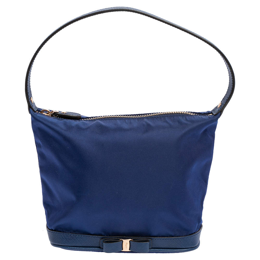 Pre Owned Salvatore Ferragamo Blue Nylon Vara Bow Pouch