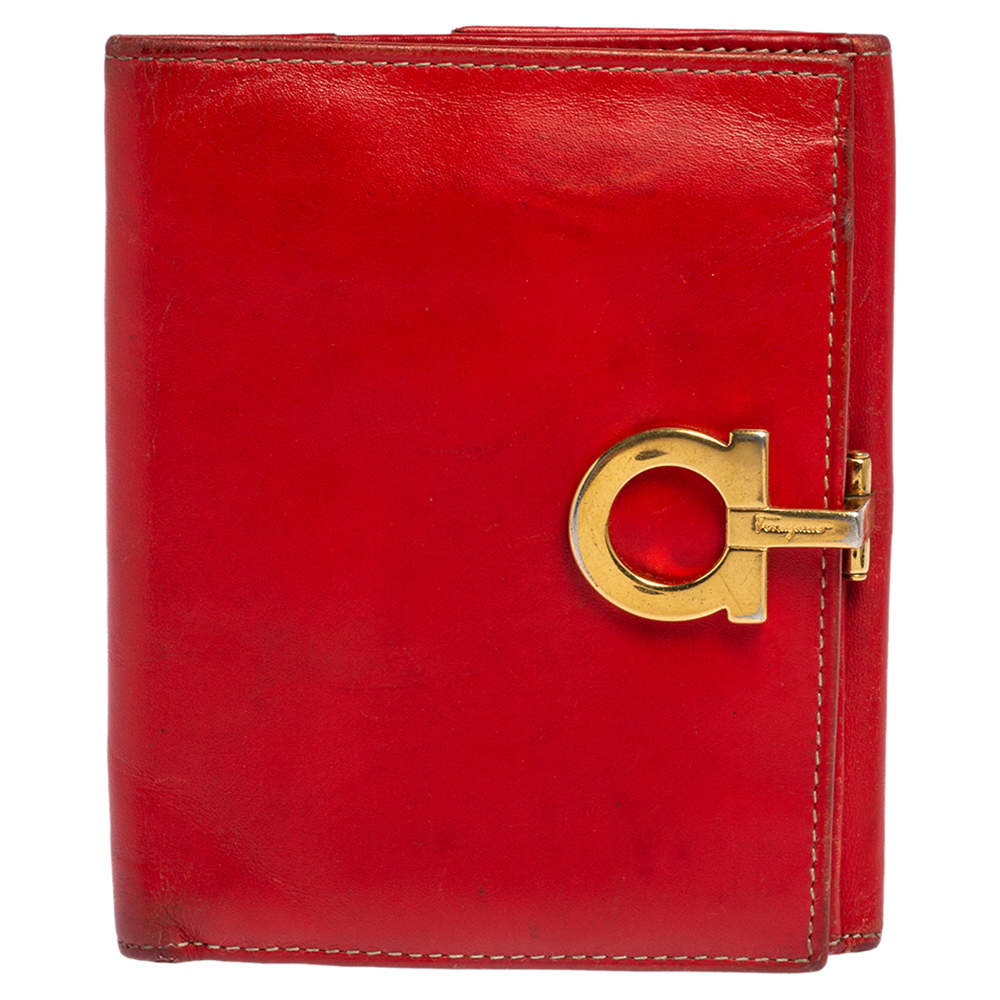 Salvatore Ferragamo Red Leather Gancini Clip French Wallet