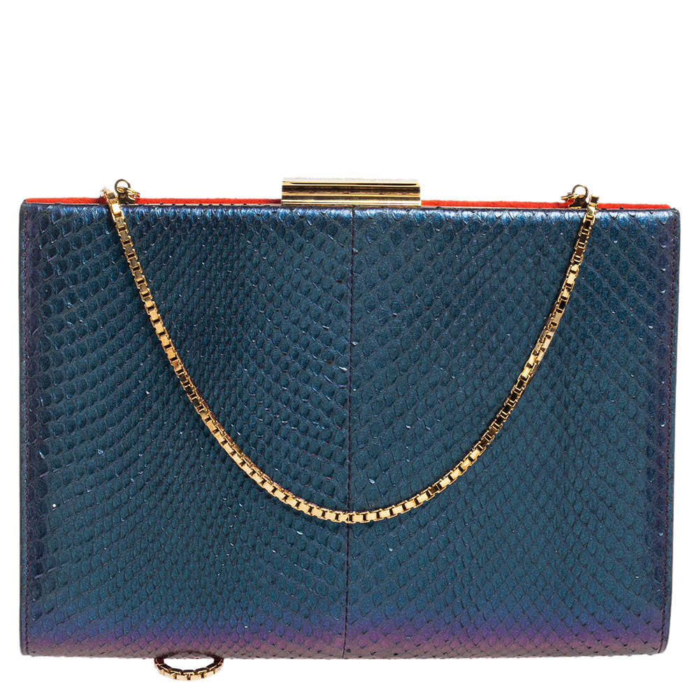 مملوكة مسبقًا Salvatore Ferragamo Orange/Iridescent Suede and Python Chain Clutch