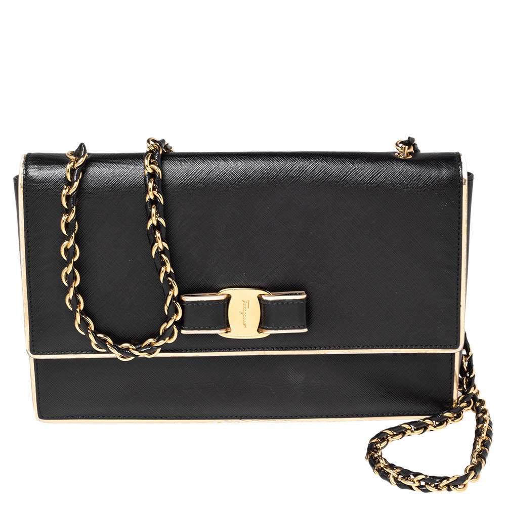 Salvatore Ferragamo Black/Gold Leather Ginny Shoulder Bag