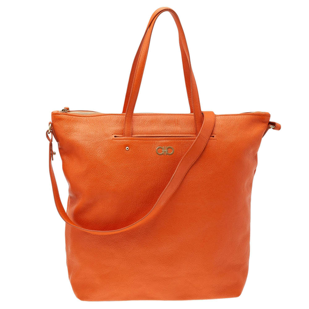 Pre Owned Salvatore Ferragamo Orange Leather Mika Tote