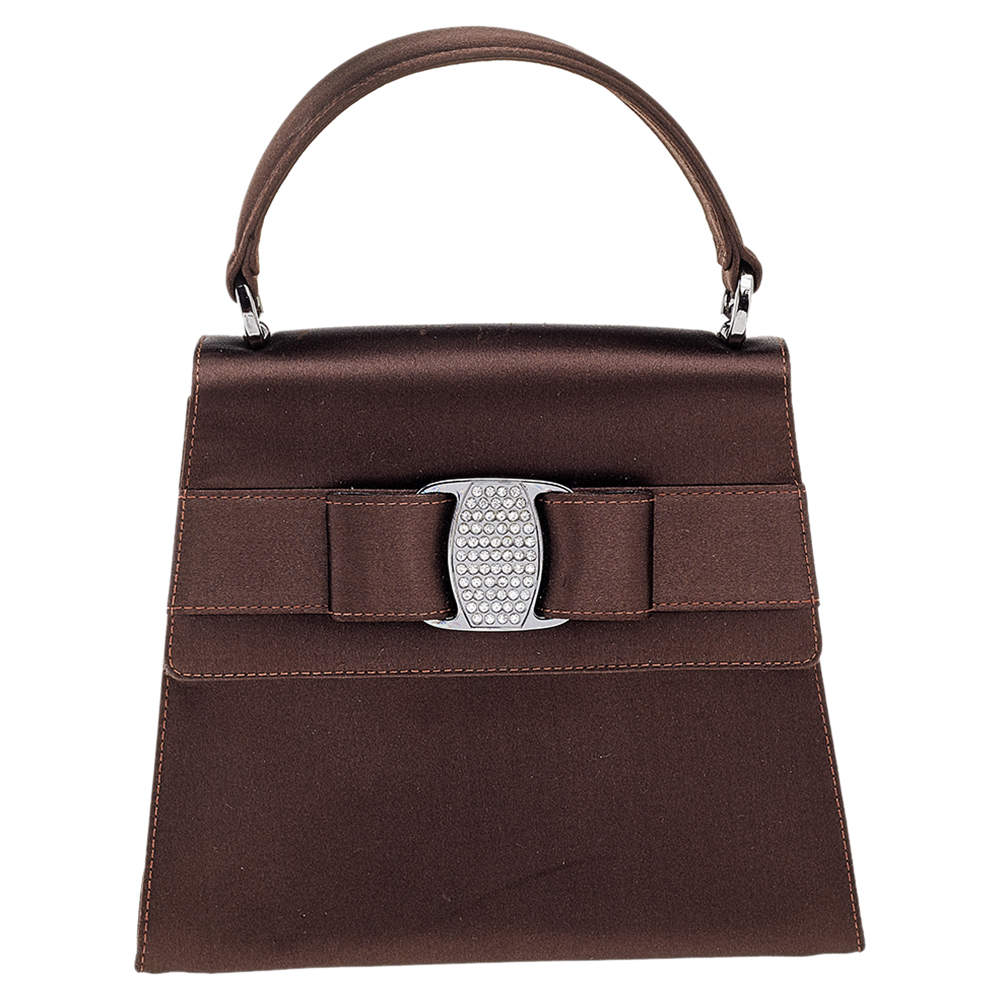 Pre Owned Salvatore Ferragamo Dark Brown Satin Crystal Embellished Vara Bow Top Handle Bag