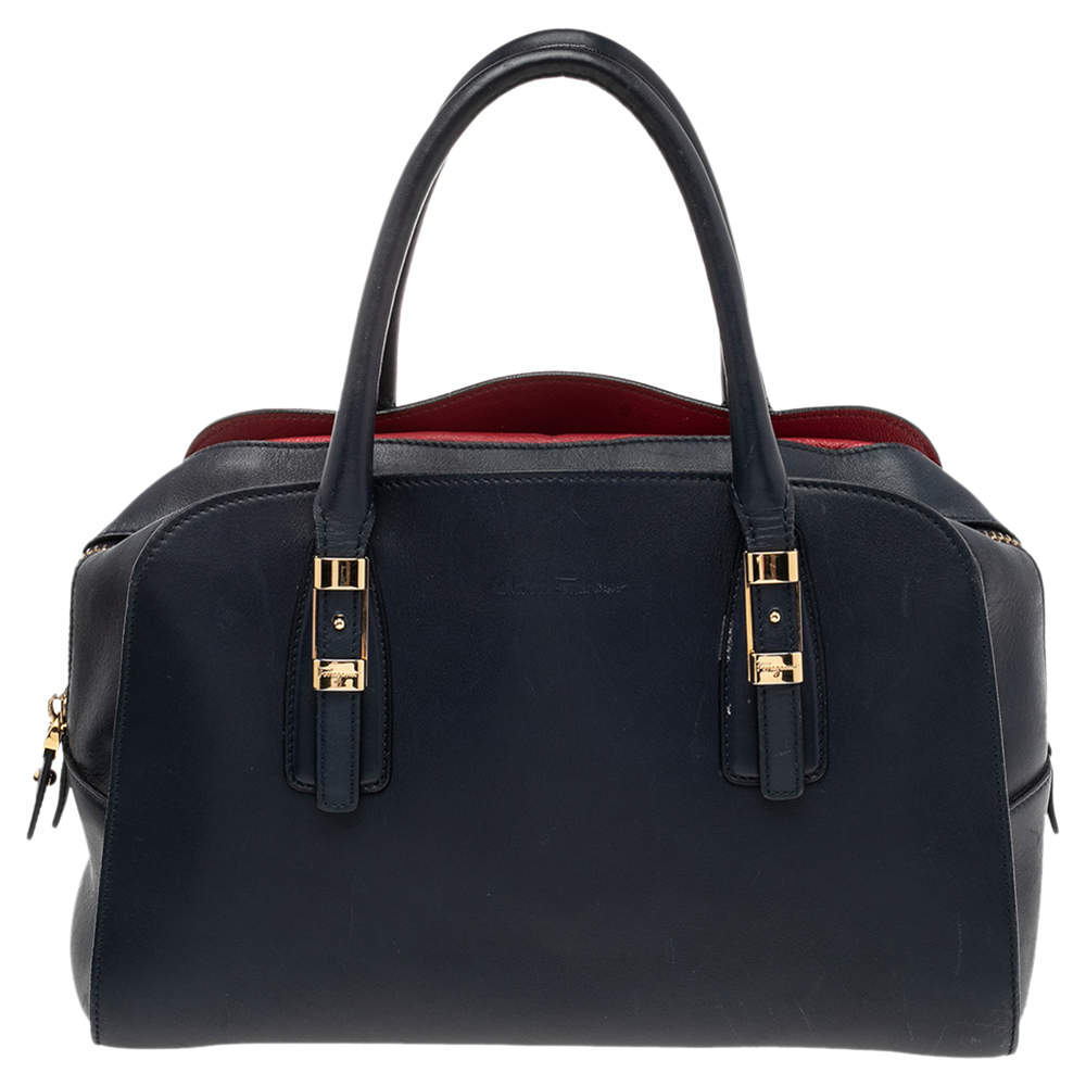 Pre Owned Salvatore Ferragamo Navy Blue/Red Leather Satchel