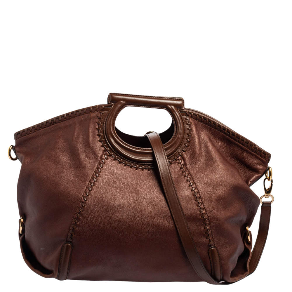 Pre Owned Salvatore Ferragamo Brown Leather Gancini Satchel