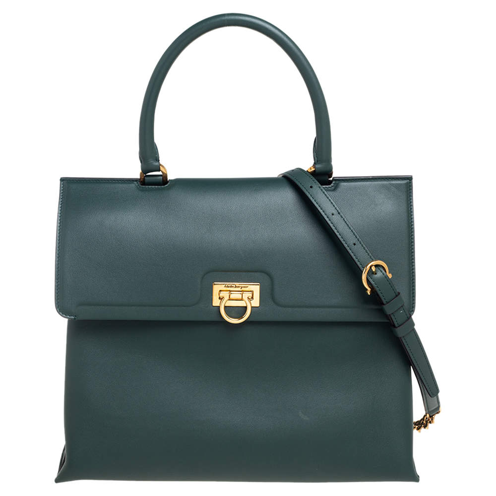 Pre Owned Salvatore Ferragamo Green Leather Kelly Top Handle Bag