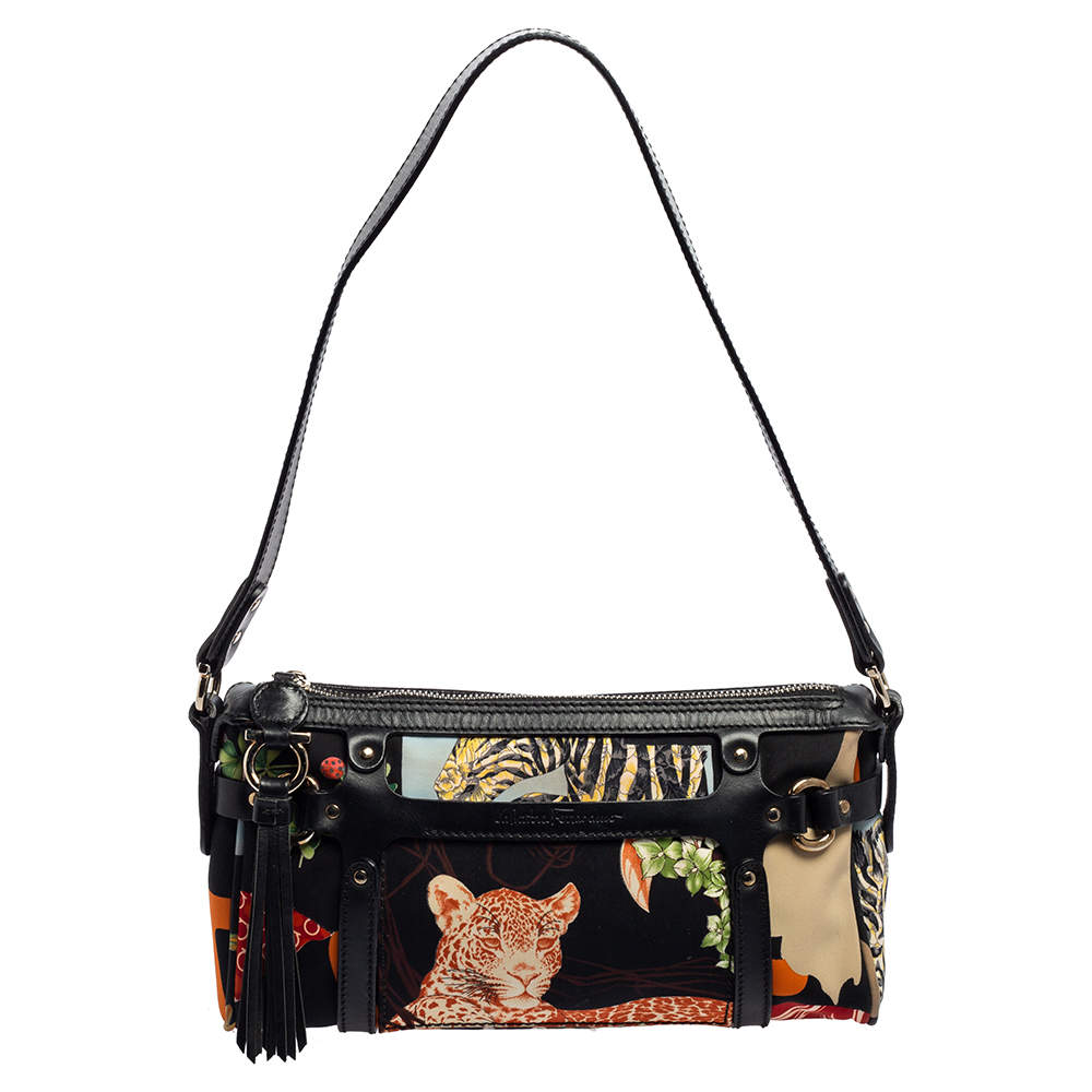 Pre Owned Salvatore Ferragamo Multicolor Printed Nylon And Leather Satchel