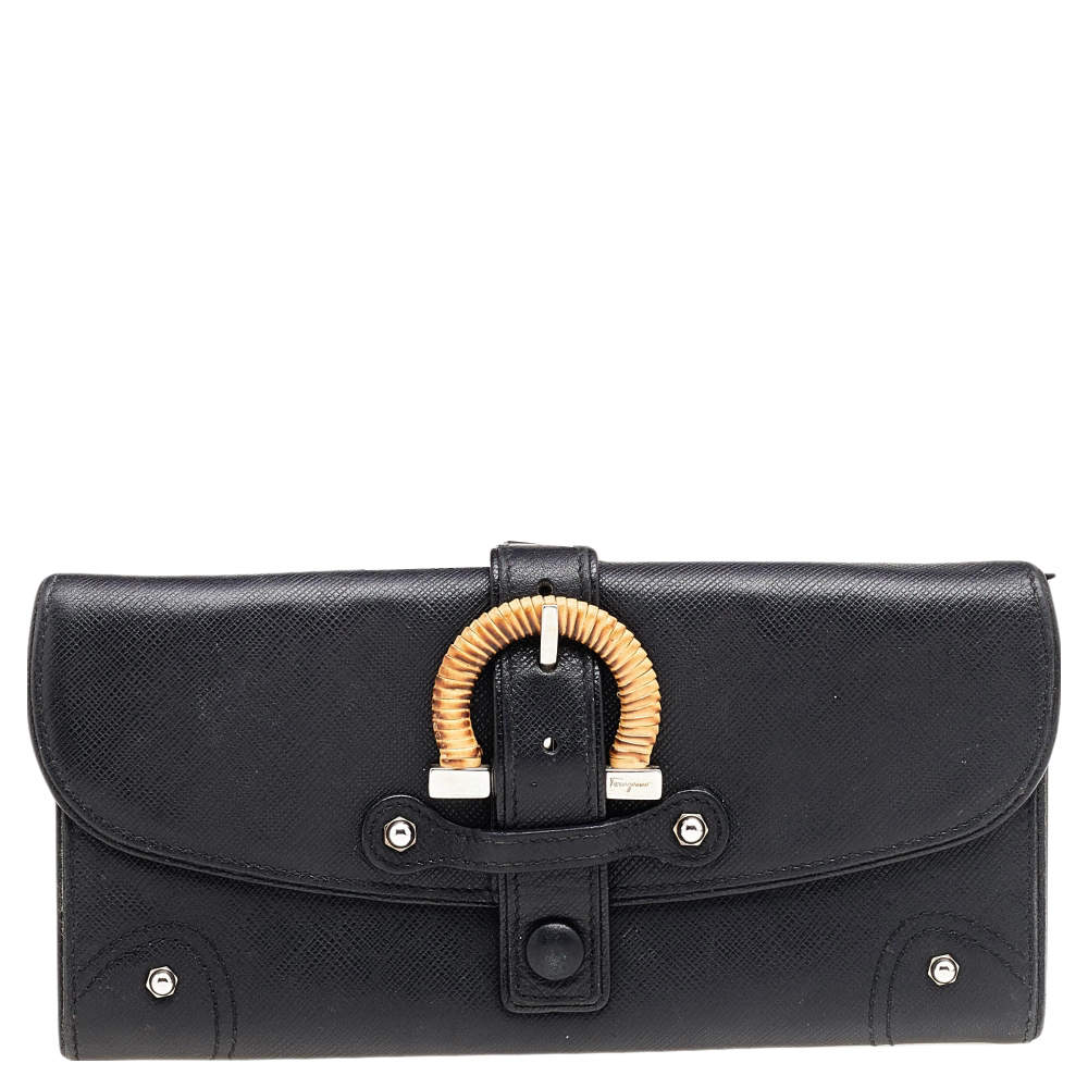 Pre Owned Salvatore Ferragamo Black Leather Vintage Gancini Buckle Continental Wallet