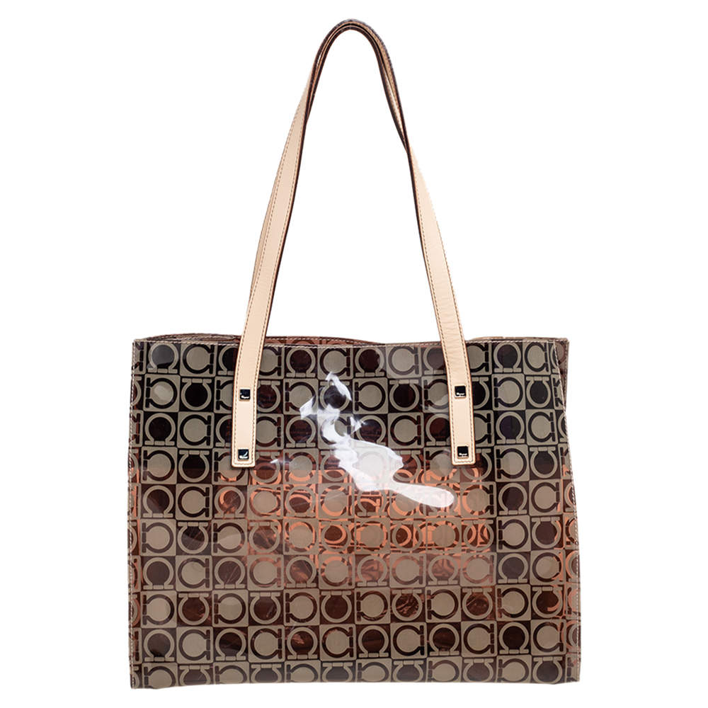 مملوكة مسبقًا Salvatore Ferragamo Beige/Brown Logo Print PVC Tote