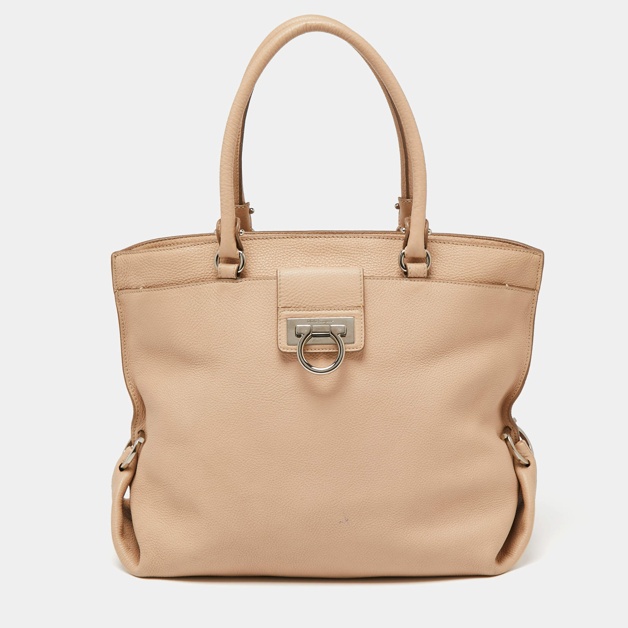 Salvatore Ferragamo Beige Pebbled Leather Dotty Tote 