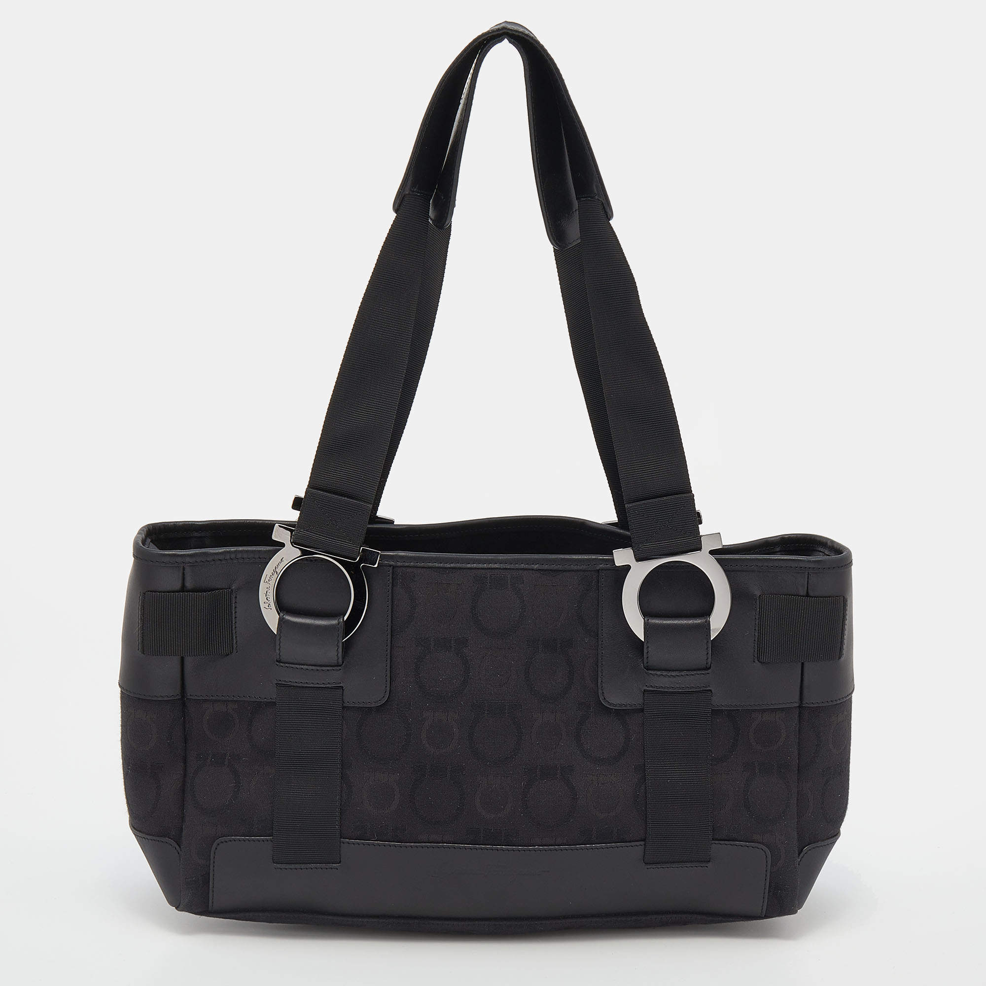 Pre Owned Salvatore Ferragamo Back Gancini Canvas and Leather Tote