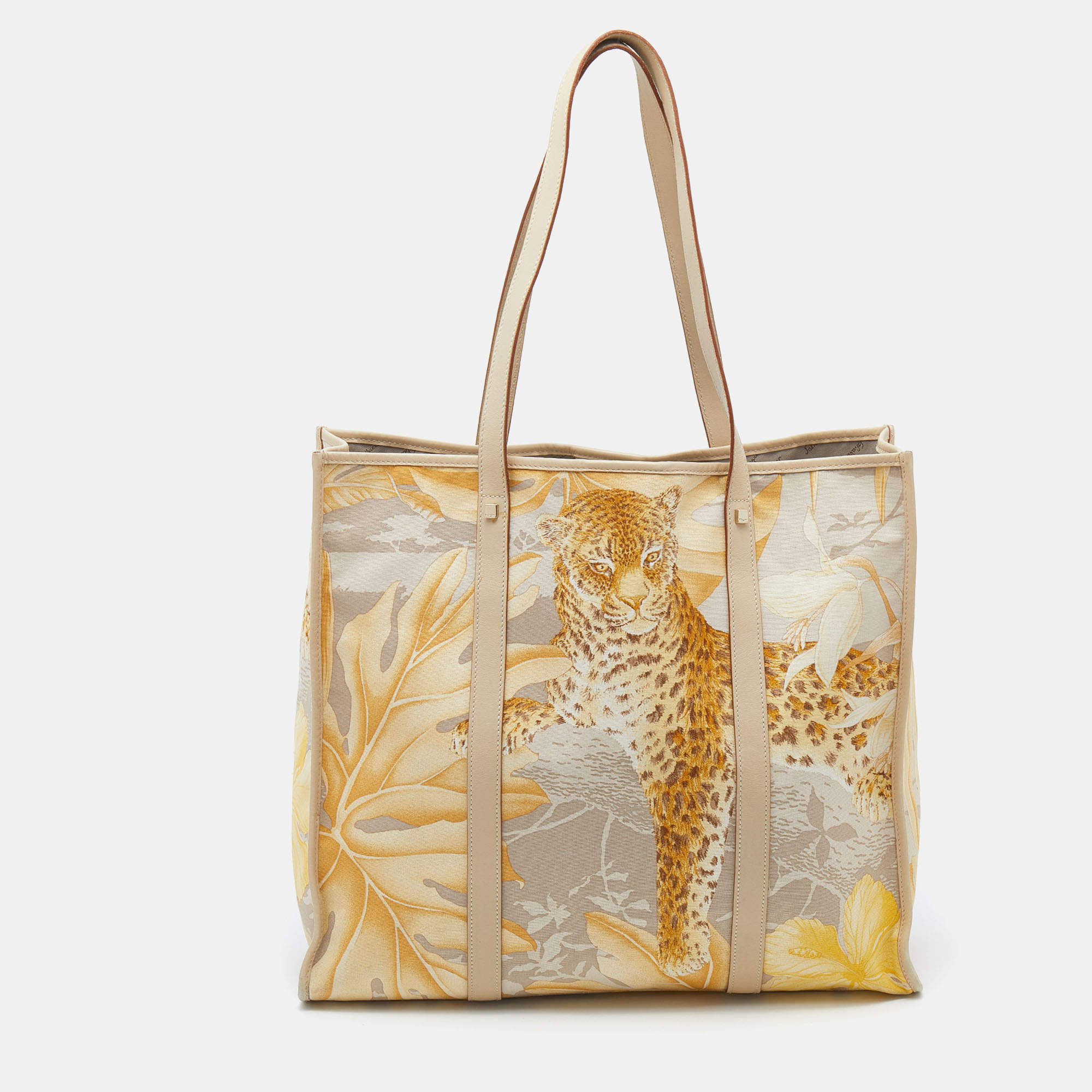 Pre Owned Salvatore Ferragamo Multicolor Jungle Print Canvas and Leather Tote