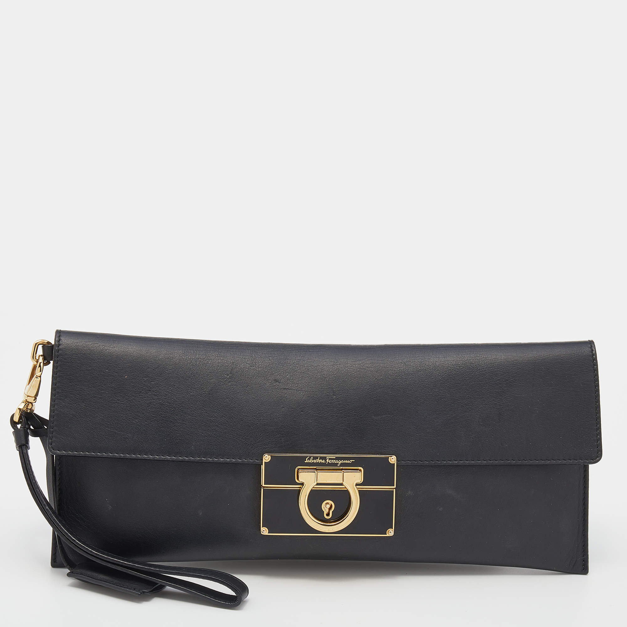 Pre Owned Salvatore Ferragamo Black Leather Afef Lock Story Wristlet Clutch