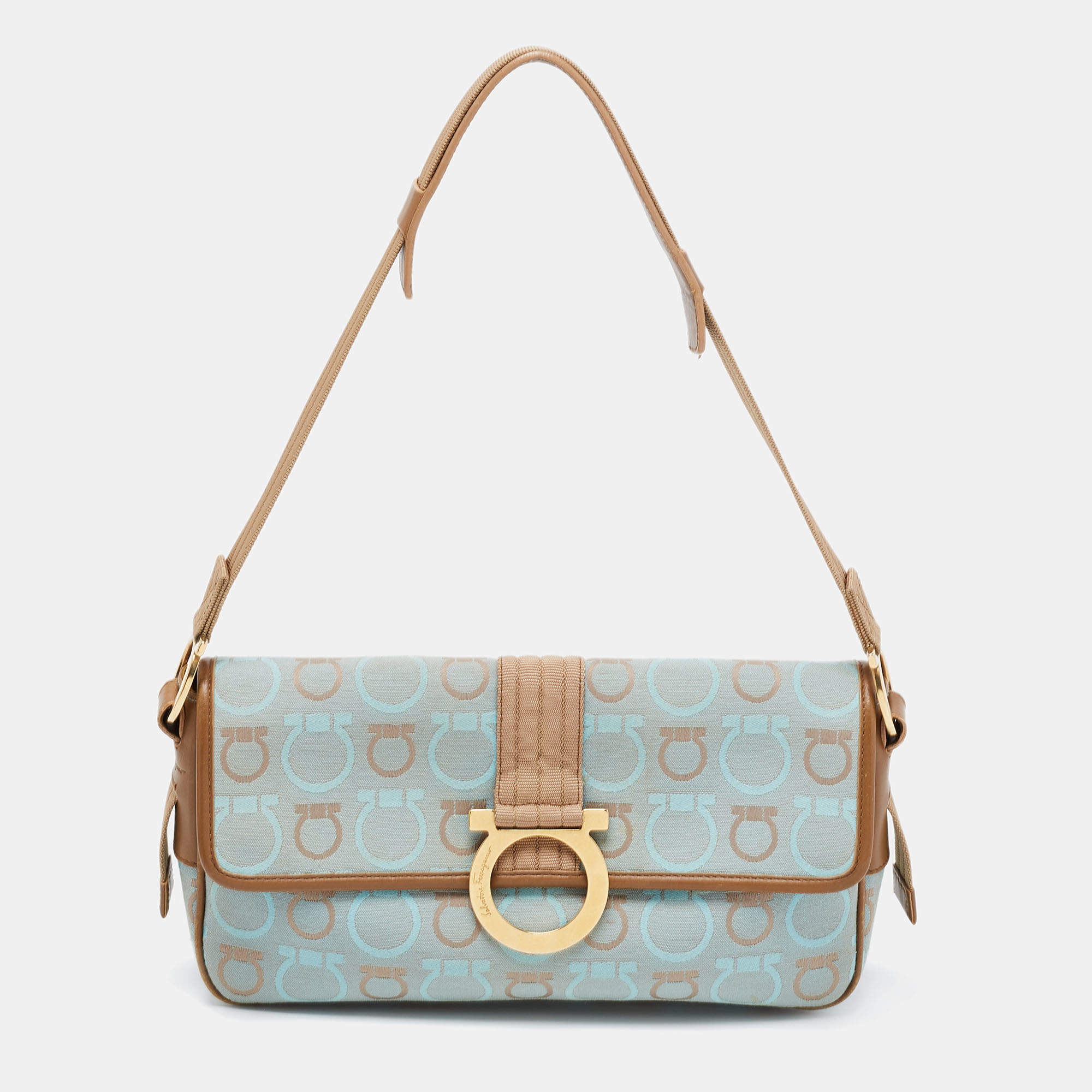 Salvatore Ferragamo Light Blue/Beige Canvas And Leather Gancini Shoulder Bag