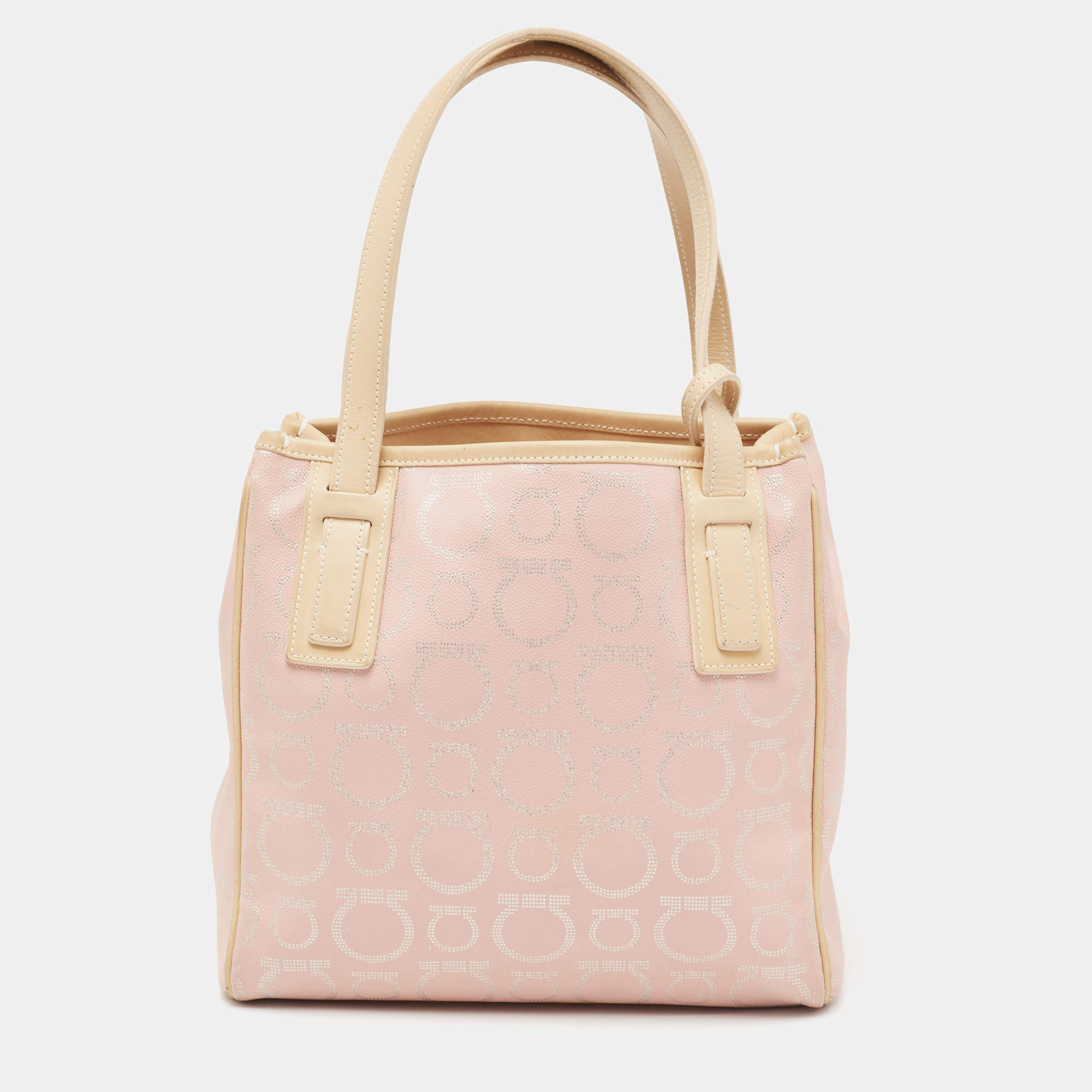 Pre Owned حقيبة يد سالفاتوري فيراغامو كانفاس مقوى شعار الماركة وجلد بيج / وردي 