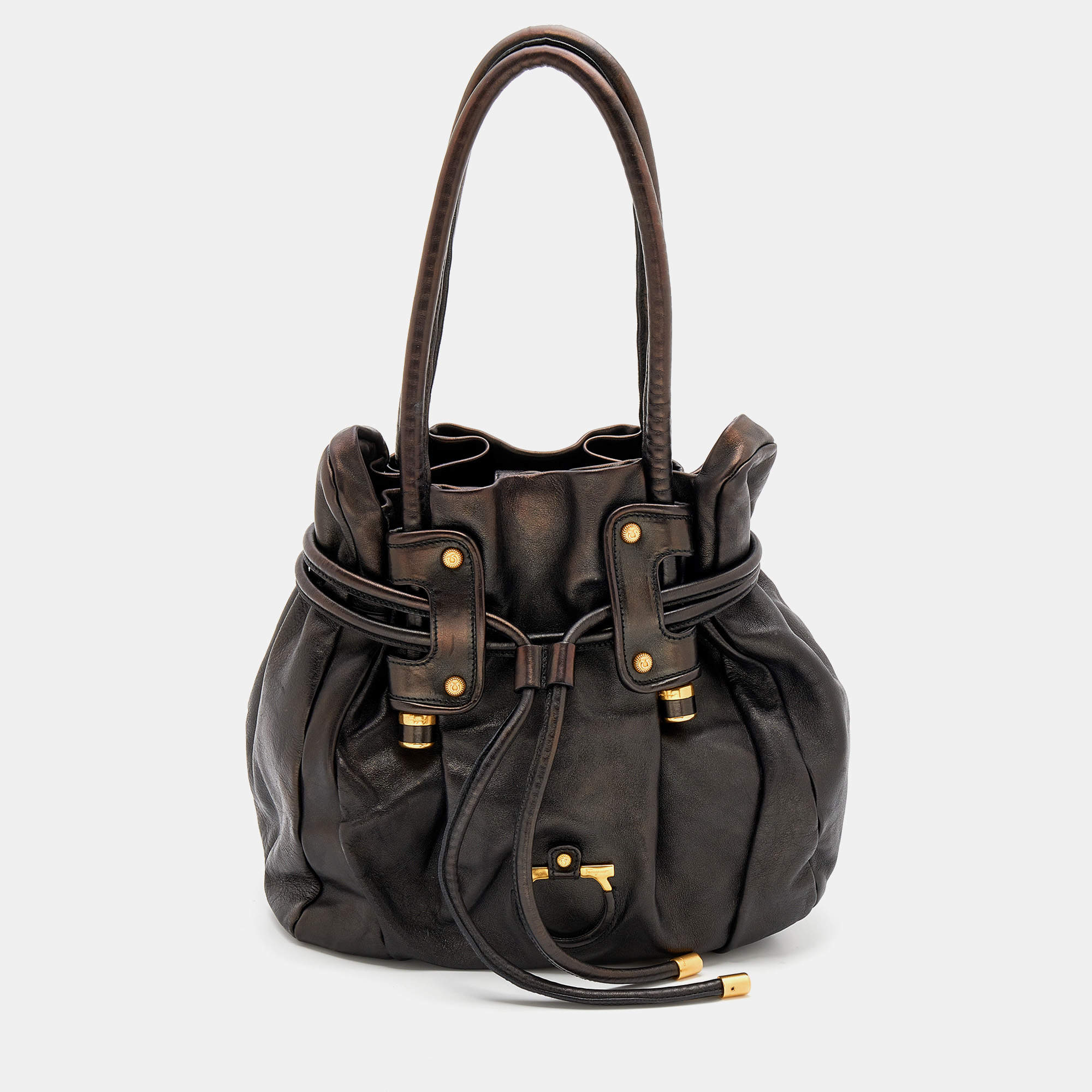 Salvatore Ferragamo Dark Brown Leather Drawstring Hobo