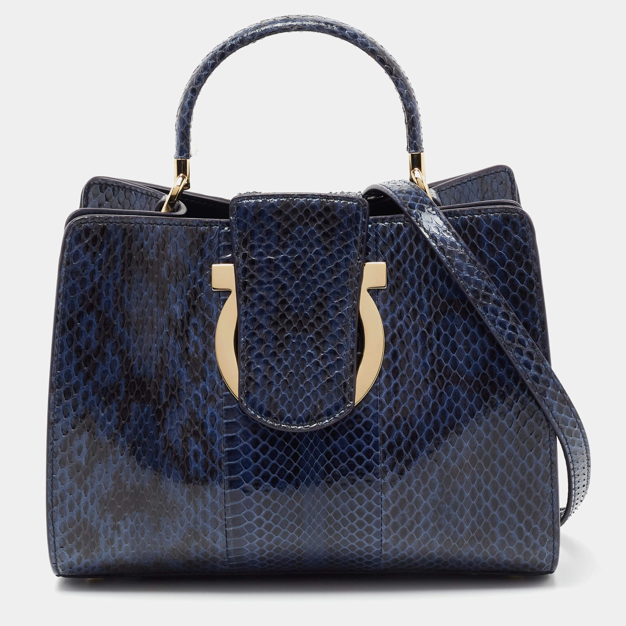 Pre Owned Salvatore Ferragamo Blue Python and Leather Thea Top Handle Bag