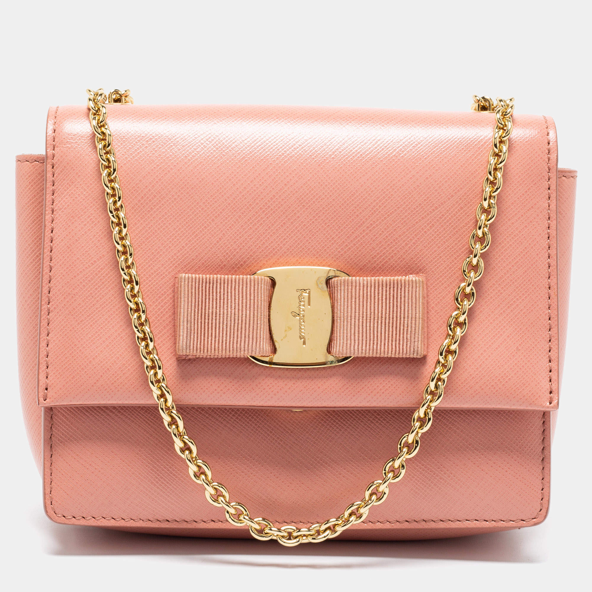 Pre Owned Salvatore Ferragamo Peach Leather Vara Bow Crossbody Bag