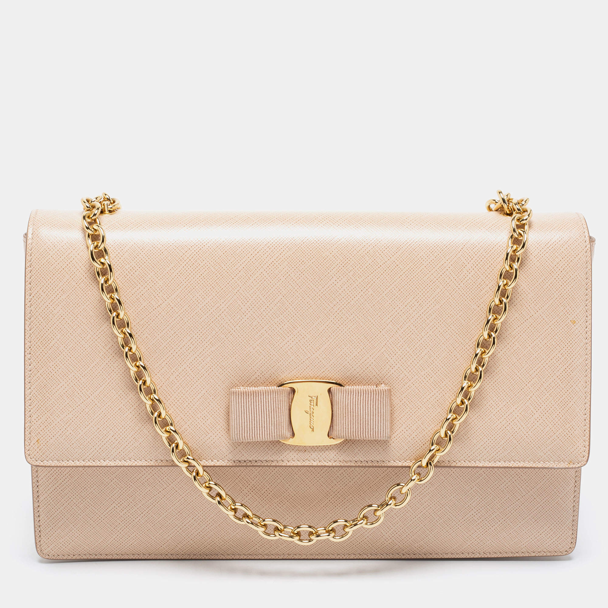 Pre Owned Salvatore Ferragamo Beige Leather Medium Ginny Shoulder Bag