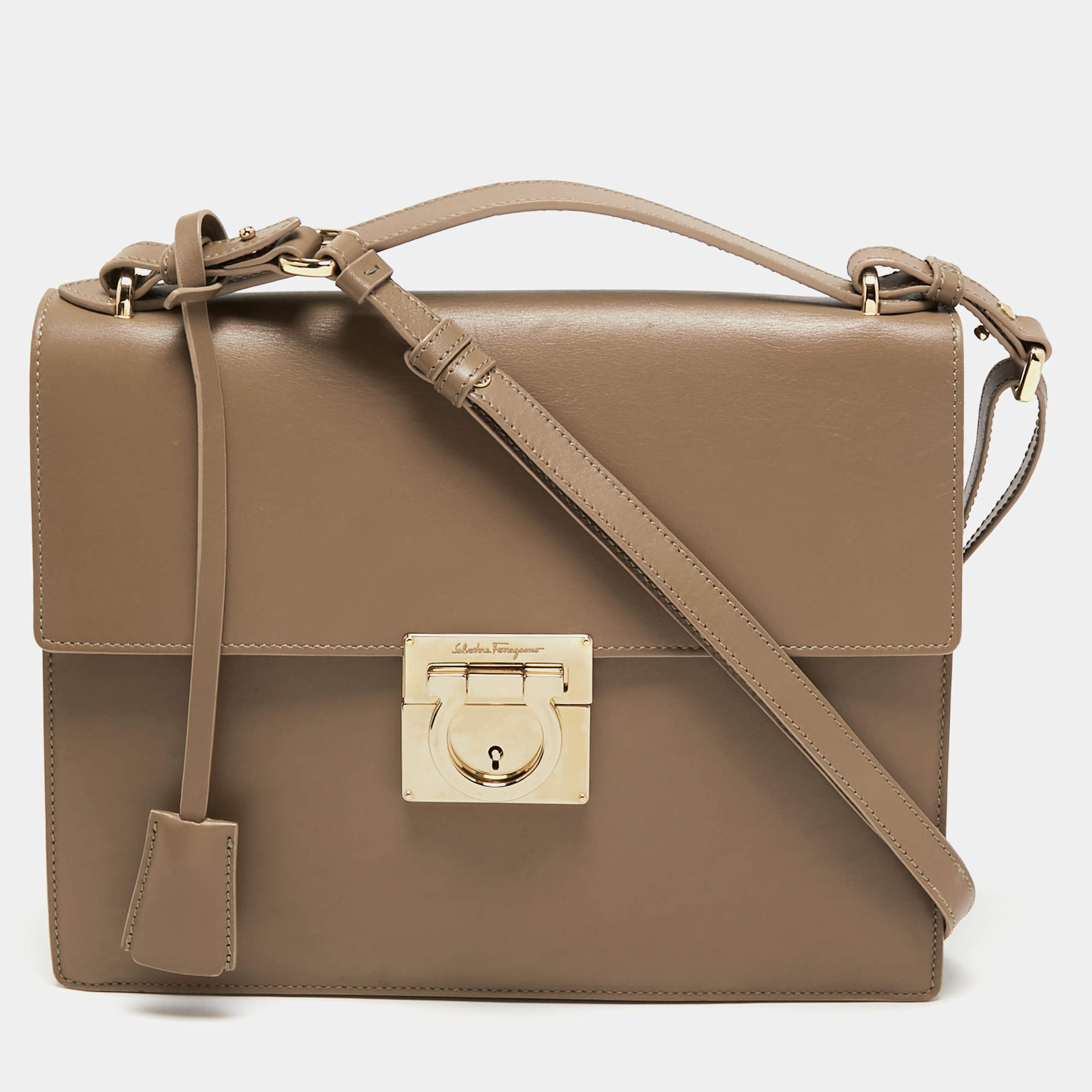 Pre Owned Salvatore Ferragamo Dark Beige Leather Gancio Lock Top Handle Bag