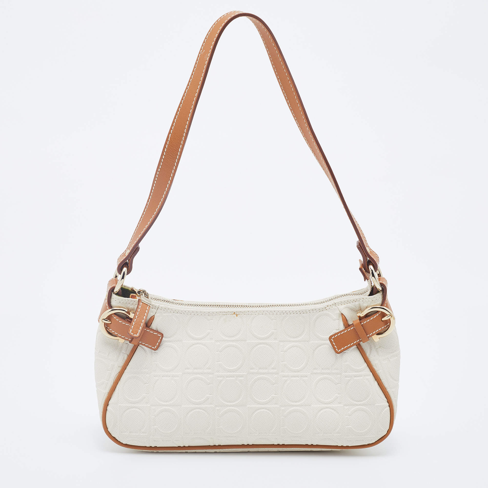 مملوكة مسبقًا حقيبة كتف سالفاتوري فيراغامو جلد غانتشيني بني/أوف وايت منقوش