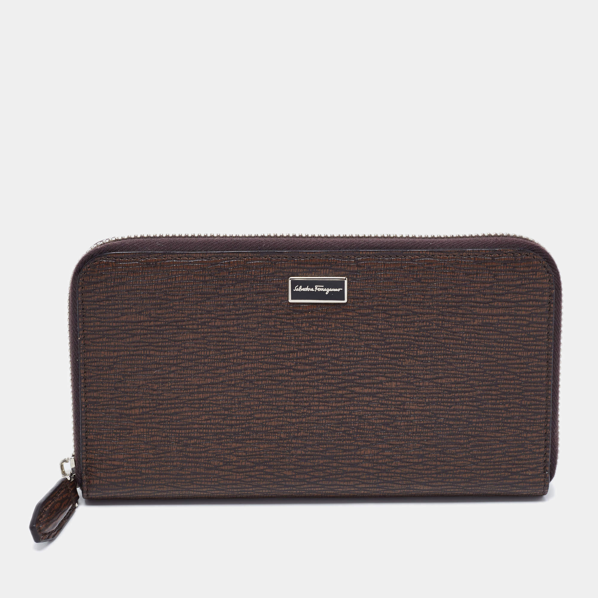 Pre Owned Salvatore Ferragamo Brown Leather Zip Around Wallet