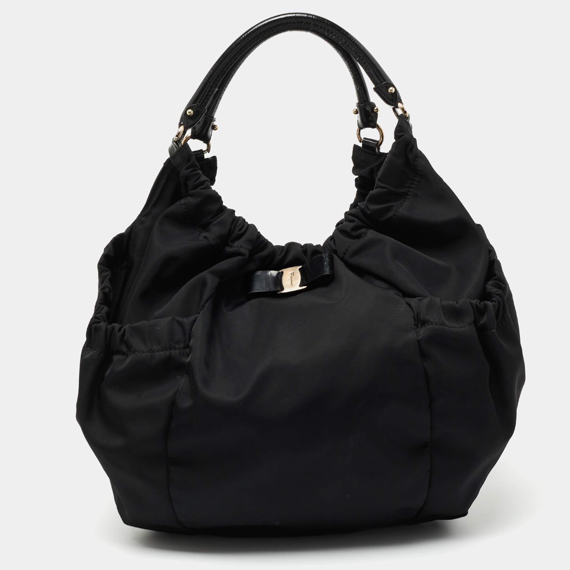 Pre Owned Salvatore Ferragamo Black Nylon and Patent Leather Hobo