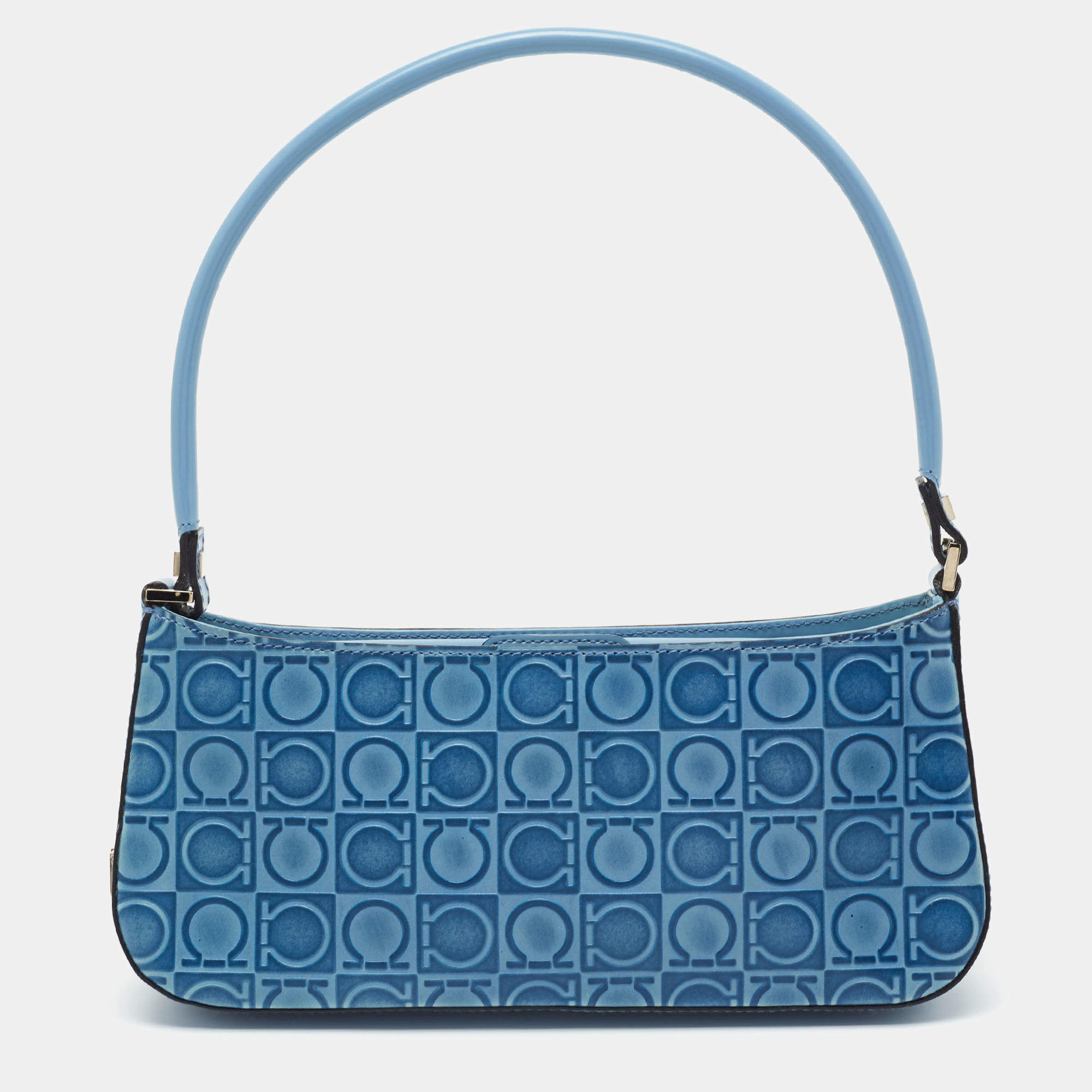 Pre Owned Salvatore Ferragamo Blue Gancio Embossed Leather Baguette Bag