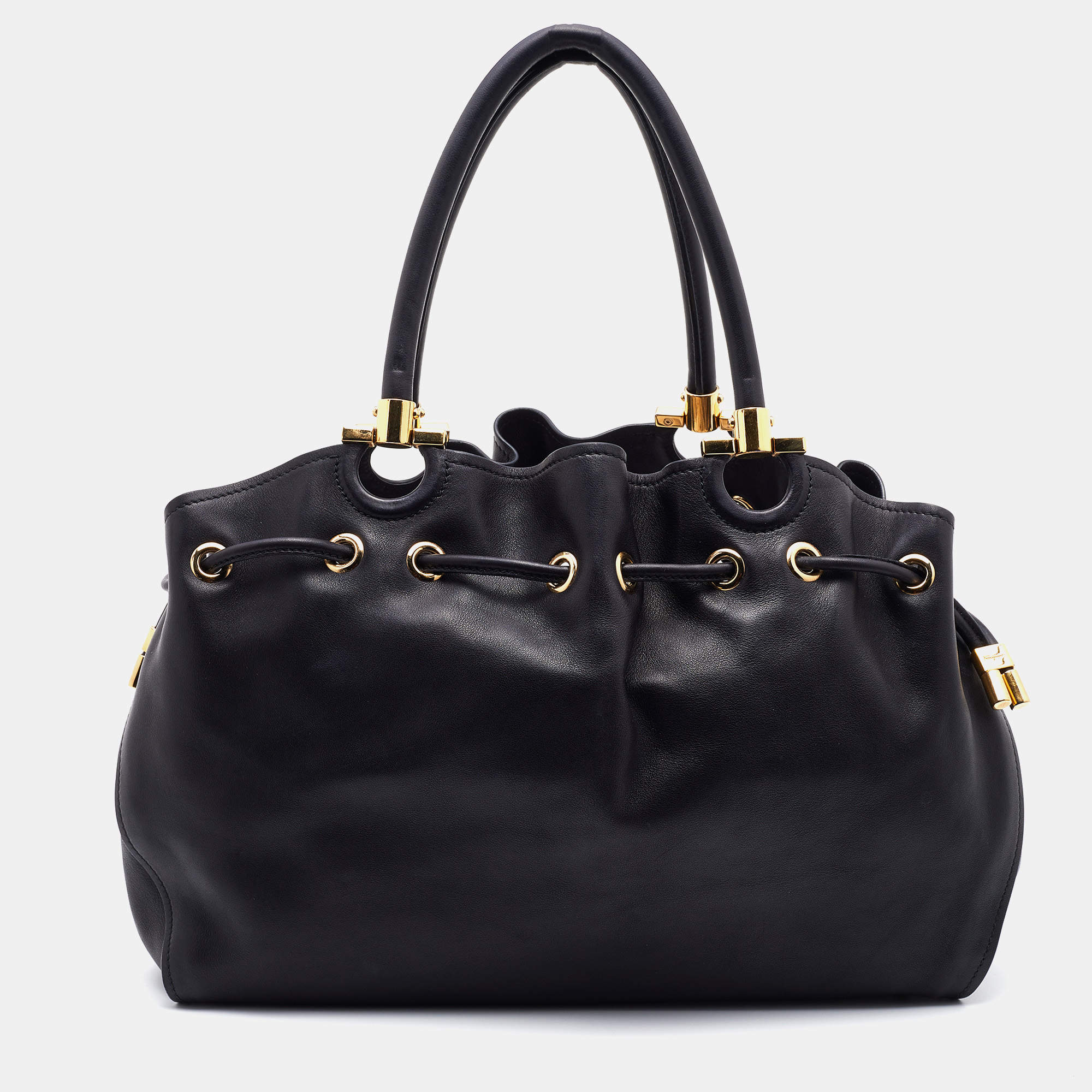 Pre Owned Salvatore Ferragamo Black Leather Sonia Tote
