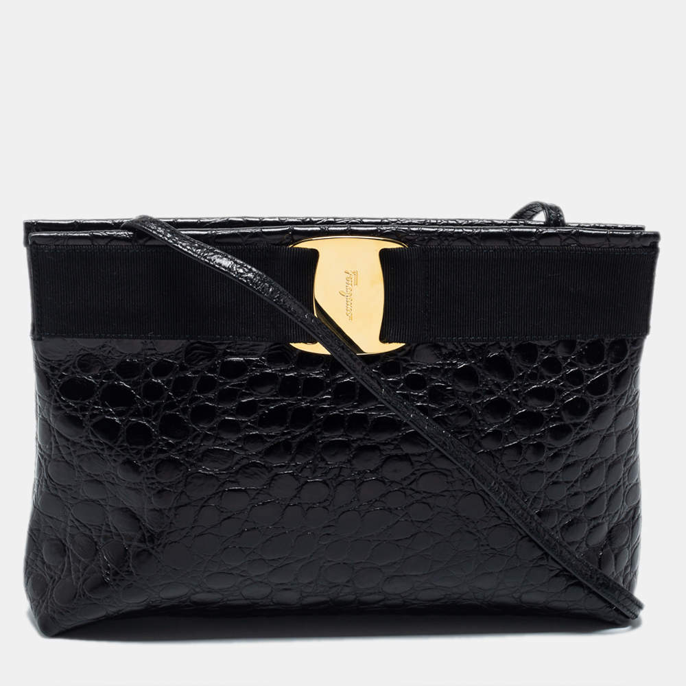 Pre Owned Salvatore Ferragamo Black Alligator Embossed Leather Shoulder Bag