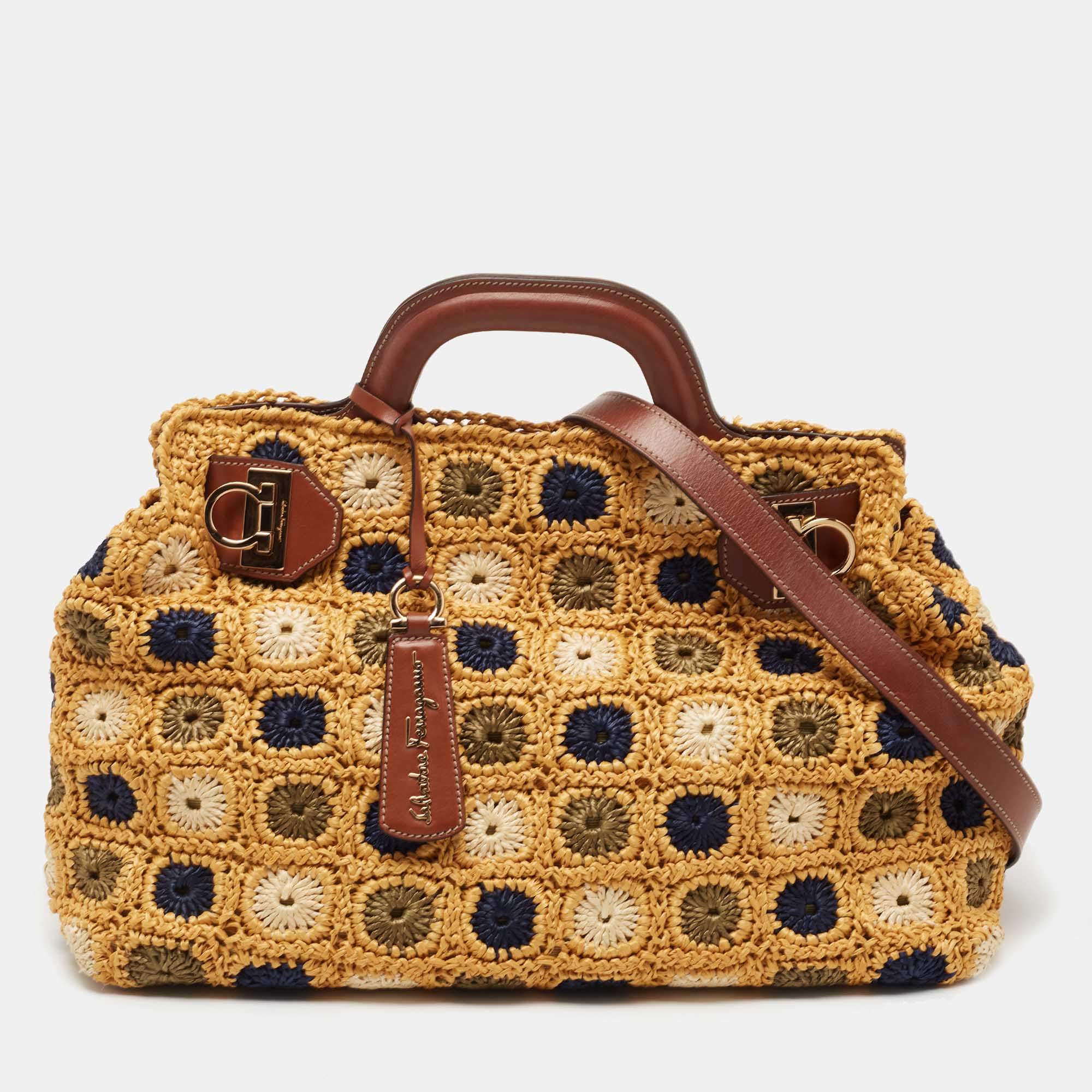 Pre Owned Salvatore Ferragamo Multicolor Crochet and Leather Tote