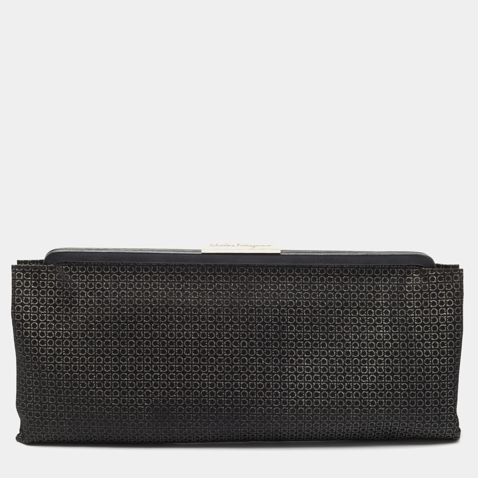 Pre Owned Salvatore Ferragamo Black Gancini Print Lurex Frame Long Clutch
